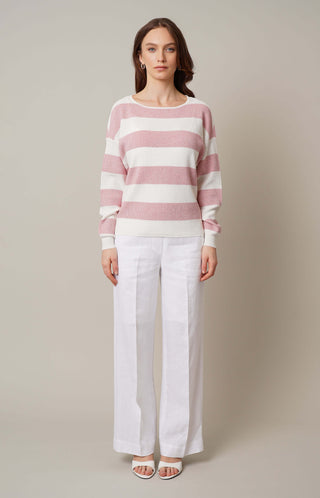 Model is wearing the striped waffle dolman by Cyrus in Pinkesque/Bone/Deluxe