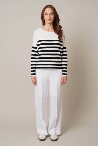 Model is wearing the striped dolman sweater by Cyrus in Bone/Black