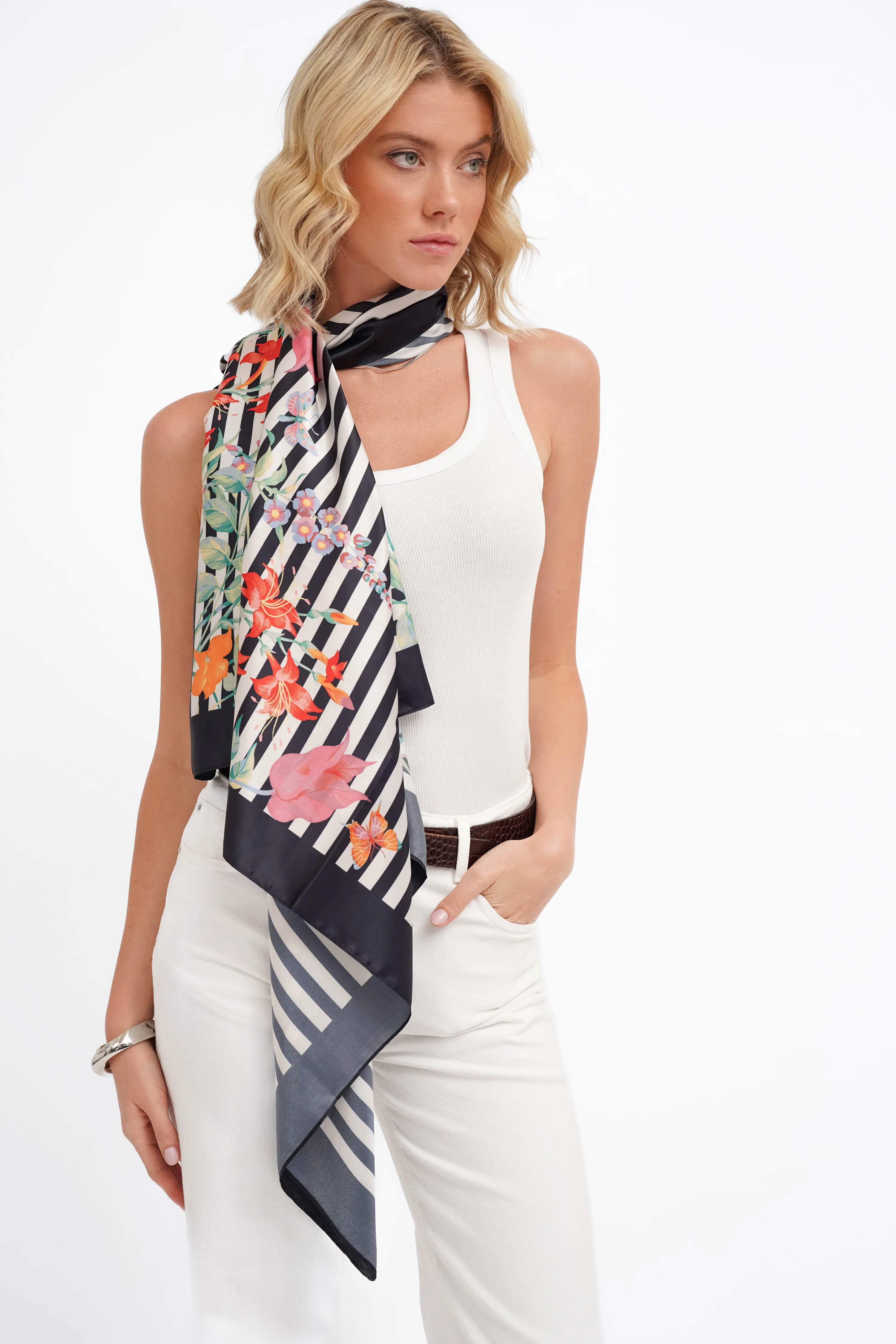The Floral Stripe Silk Scarf