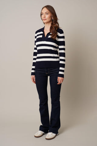 Model is wearing the striped collared pullover by Cyrus in Eclipse/Cream