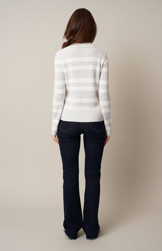 Model is wearing the striped collared pullover by Cyrus in Grey Goose Heather/Cream