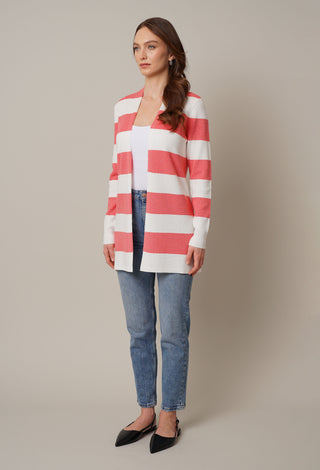 Model is wearing the striped waffle cardigan by Cyrus in Bone/Tea Rose