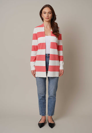 Model is wearing the striped waffle cardigan by Cyrus in Bone/Tea Rose