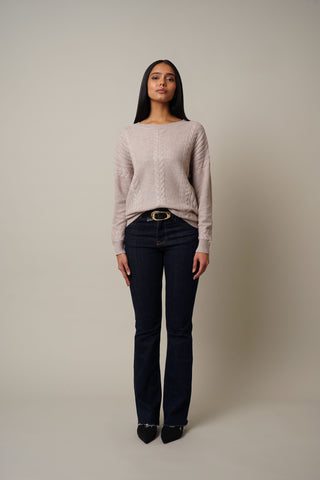 Model is wearing the Cable Knit Drop Shoulder Pullover in Kitten Heather