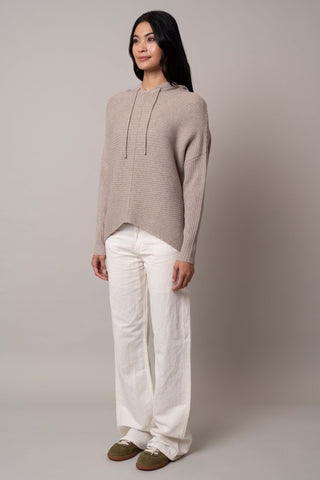 Model is wearing the ribbed-hoodie-pullover in Buckskin Heather