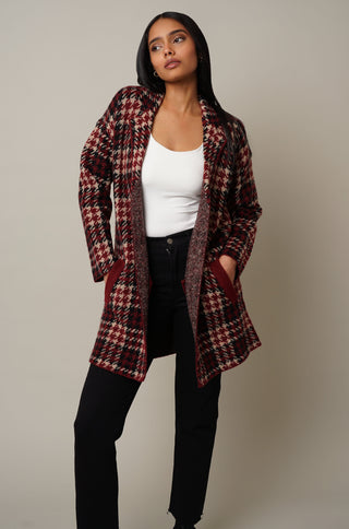 Model is wearing the Open Front Cardigan in Skein Plaid.