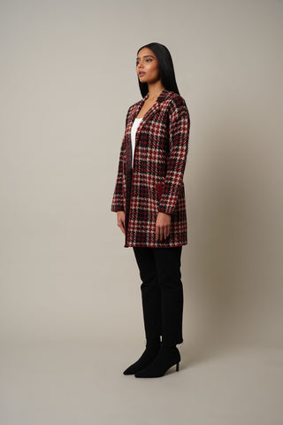 Model is wearing the Open Front Cardigan in Skein Plaid.