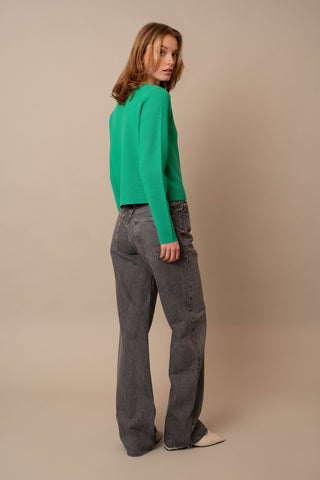 Model is wearing the Crew Neck Button Down Cardigan by Cyrus in Simply Green