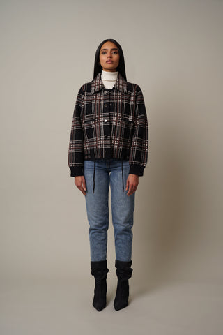 Model is wearing the Plaid Jacket in Prague Plaid.