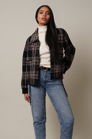 Model is wearing the Plaid Jacket in Prague Plaid.
