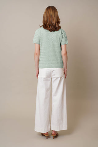 Model is wearing the Novelty Short Sleeve Pullover by Cyrus in Fresh Mint