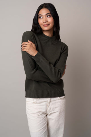 Model is wearing the mock-neck-pointelle-sweater in Waxed Loden