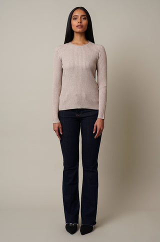 Model is wearing the Crew Neck Ribbed Pullover in Kitten Heather.