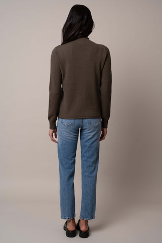 Model is wearing the funnel-neck-pullover in Burnt Olive Heather