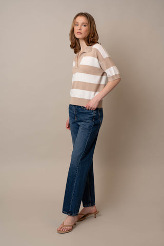 Model is wearing the Wide Stripe Short Sleeve Pullover by Cyrus in Oatmeal Cookie/Bone