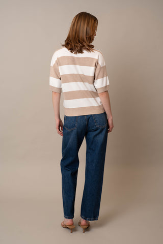 Model is wearing the Wide Stripe Short Sleeve Pullover by Cyrus in Oatmeal Cookie/Bone