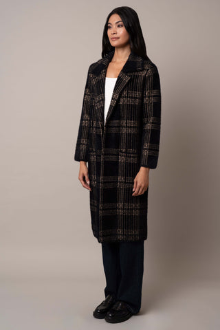 Model is wearing the open-plaid-mink-coat in Gothenburg Plaid