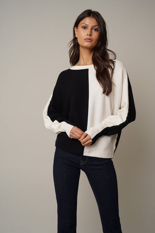 The model is wearing a Color Block Dolman Sweater by Cyrus.