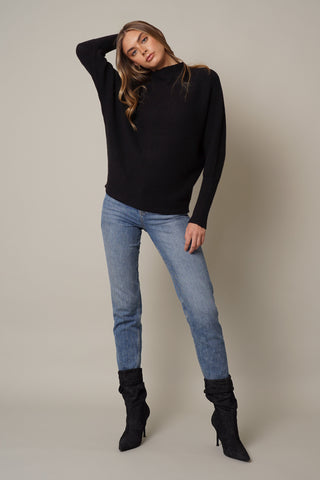 Funnel Neck Sweater with Ribbed Cuff