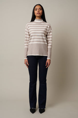 Model is wearing the Striped Mock Neck Pullover in Kitten Heather/Cream.