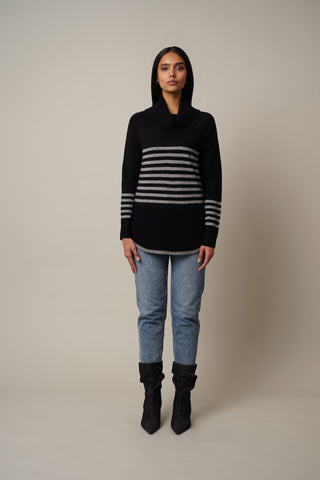 Model is wearing the Striped Cowl Neck Pullover in Black/Medium Heather Grey.