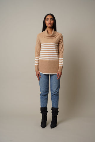 Model is wearing the Striped Cowl Neck Pullover in Toffee/Cream.
