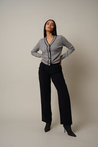 Model is wearing the Tipping Front Cardigan in Medium Heather Grey/Black.