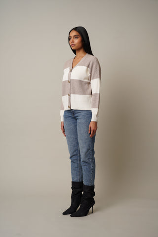 Model is wearing the Wide Striped Button Down Cardigan in Kitten Heather/Cream.