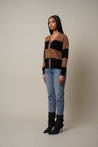 Model is wearing the Wide Striped Button Down Cardigan in Tobacco/Black.
