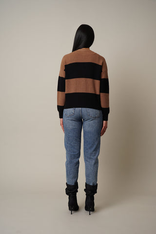 Model is wearing the Wide Striped Button Down Cardigan in Tobacco/Black.