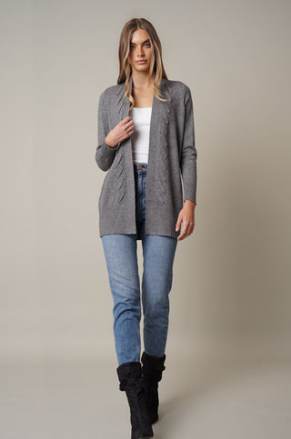 model is wearing the long sleeve open cardigan by cyrus in medium heather grey