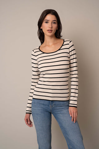 Model is wearing the Scoop Neck Striped Pullover in Sand Heather/Black.