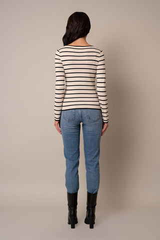 Model is wearing the Scoop Neck Striped Pullover in Sand Heather/Black.