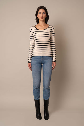 Model is wearing the Scoop Neck Striped Pullover in Sand Heather/Black.