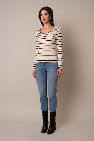 Model is wearing the Scoop Neck Striped Pullover in Sand Heather/Black.