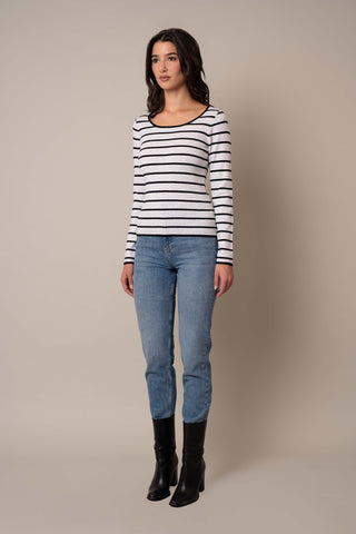 Model is wearing the Scoop Neck Striped Pullover in Silver Heather Grey/Black.