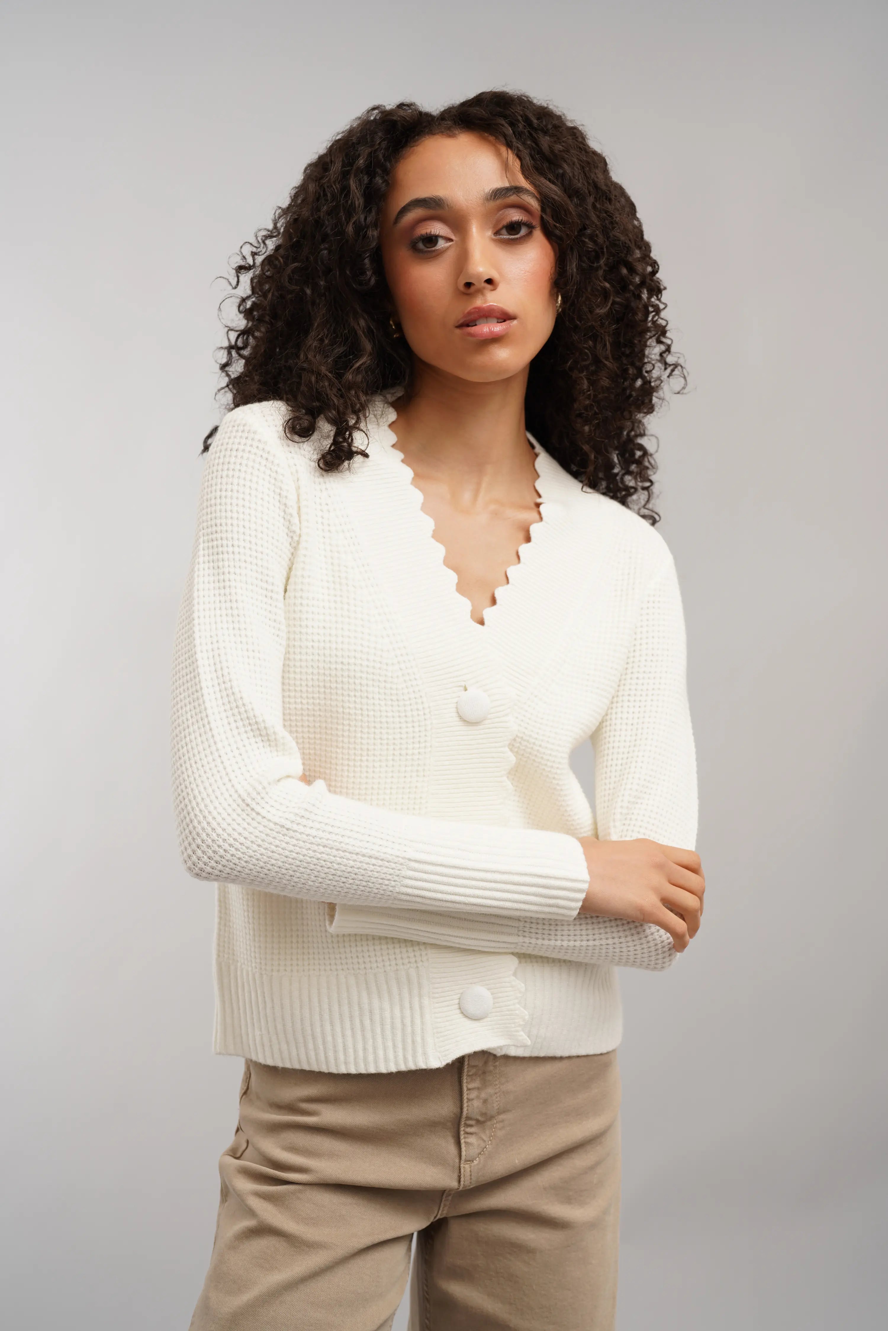 The Scallop Edge Waffle Cardigan