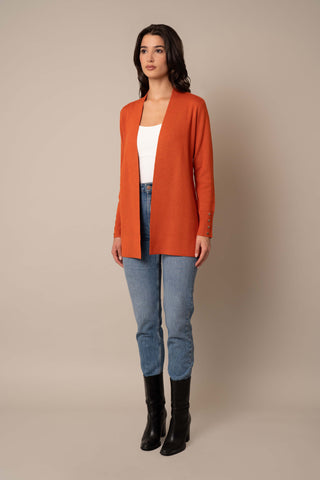 Model is wearing the Classic Open Cardigan in Spice Heather.