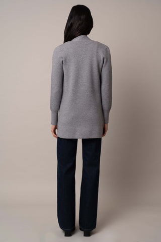 Model is wearing the open-cardigan-with-studs-on-cuff in Medium Heather Grey