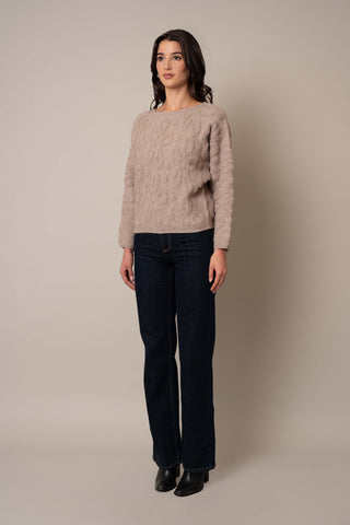 Model is wearing the Pullover Jacquard Sweater in Kitten Heather.