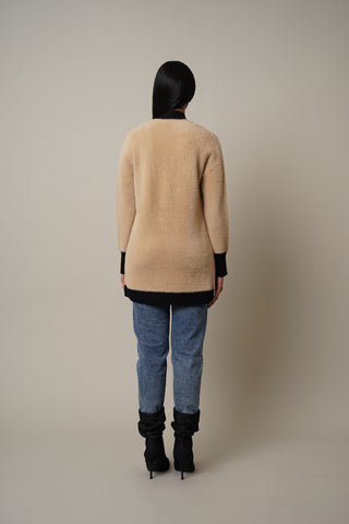 Model is wearing the Mink Open Cardigan with Trim in Camel/Black.