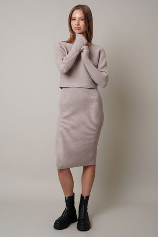 Model is wearing the Ribbed Dress + Cropped Sweater Setby Cyrus in Kitten Heather