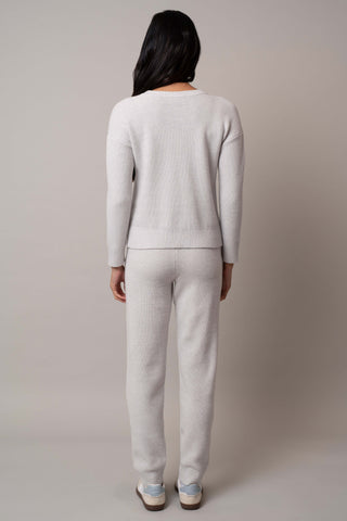 Model is wearing the waffle-pullover-pants-set in Grey Goose Heather