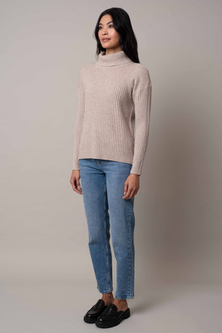 Model is wearing the wide-turtle-neck-pullover in Kitten Heather