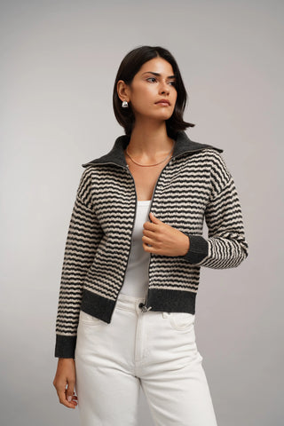 The Textured Stripe Zip Cardigan