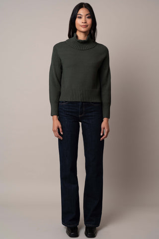 Model is wearing the cowl-neck-sweater-with-rib-trim in Forest Heather