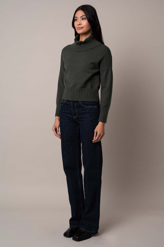 Model is wearing the cowl-neck-sweater-with-rib-trim in Forest Heather