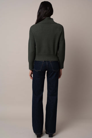 Model is wearing the cowl-neck-sweater-with-rib-trim in Forest Heather