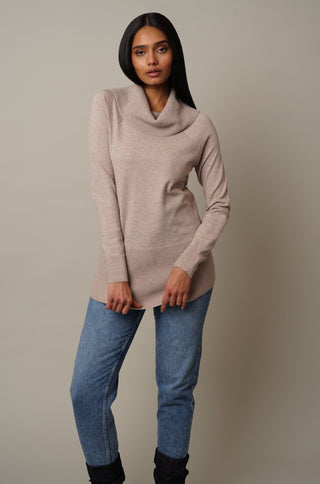 Model is wearing the Waffled Cowl Neck Pullover in Kitten Heather.