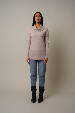 Model is wearing the Waffled Cowl Neck Pullover in Kitten Heather.